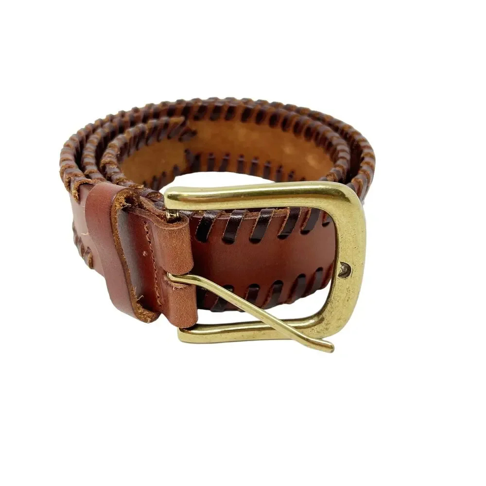 Linea Pelle Vintage Leather Braided Belt Camel Brown Gold Tone Hardware 36.5